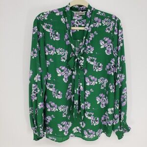 Pleione Floral Tie Neck Blouse Womens XL Green Purple Long Sleeve Smocked Cuff